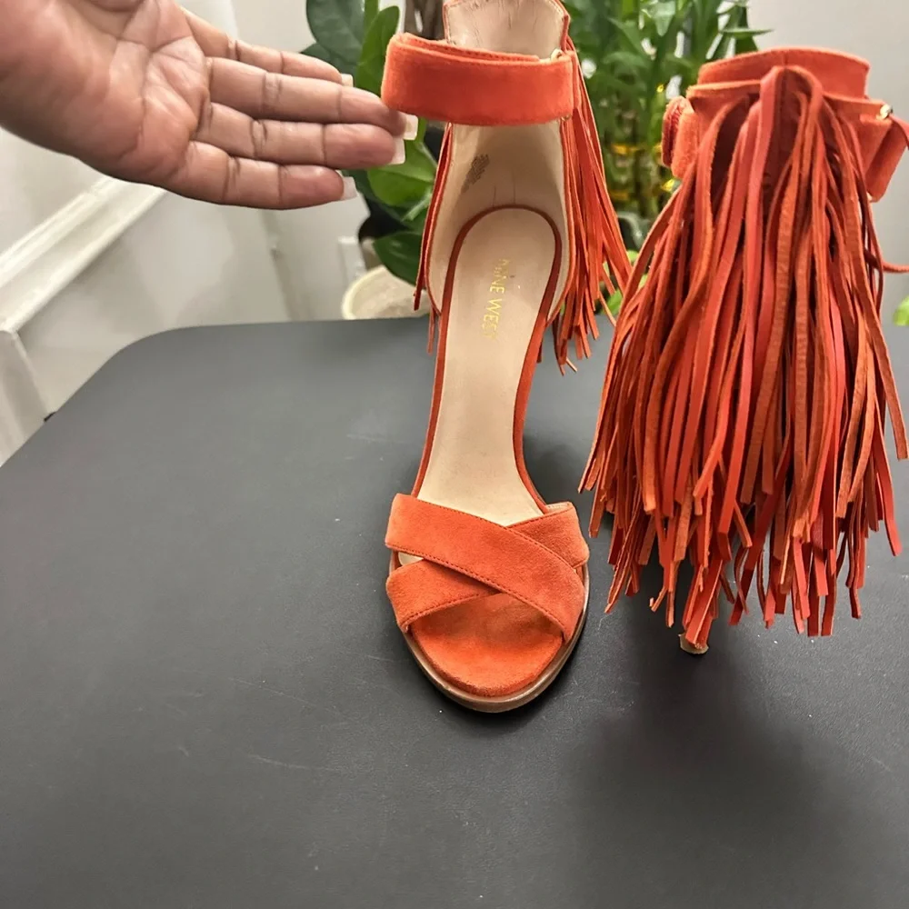 Nine West Hustle Fringe Suede High-Heel Sandals Orange